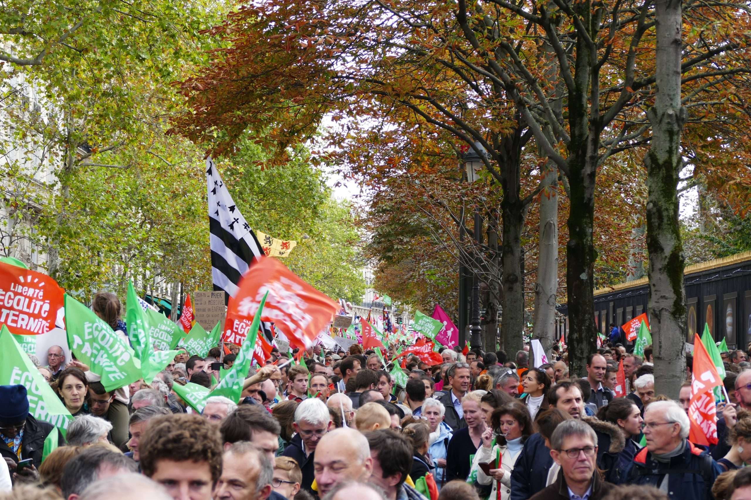 Des Manifestant.es contre la PMA ont défilé à Paris, le 6 octobre 2019 et le 20 janvier 2020 à l'appel du mouvement conservateur "Marchons Enfants". Photographie : Peter Potrowl sous licence créative commons