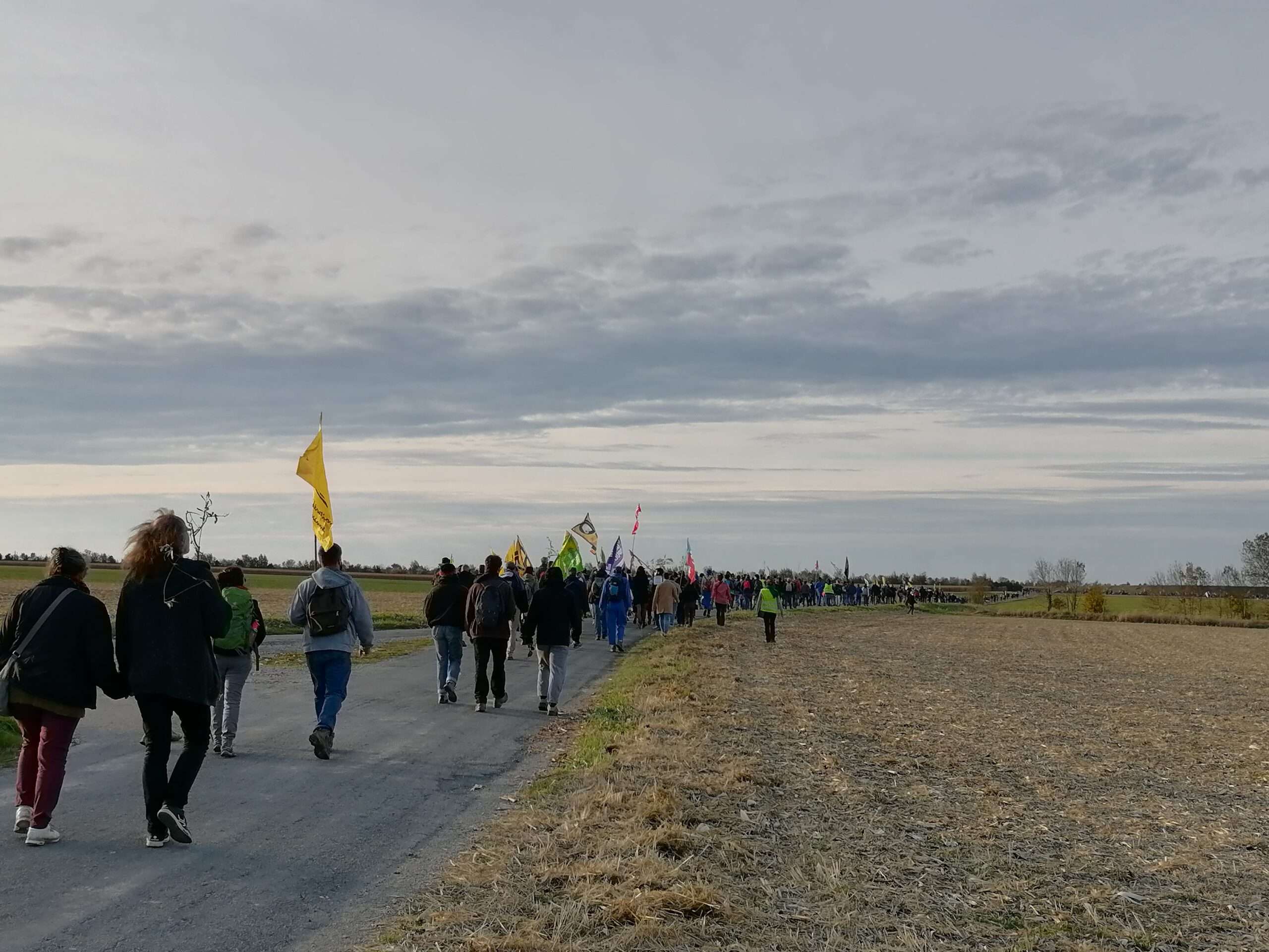 Des manifestant.es marchent vers une bassine lors de la mobilisation du 6 novembre 2021 à Mauzé-sur-le-Mignon. Photographie : Lou Bonnefoy sur Radio Parleur. 