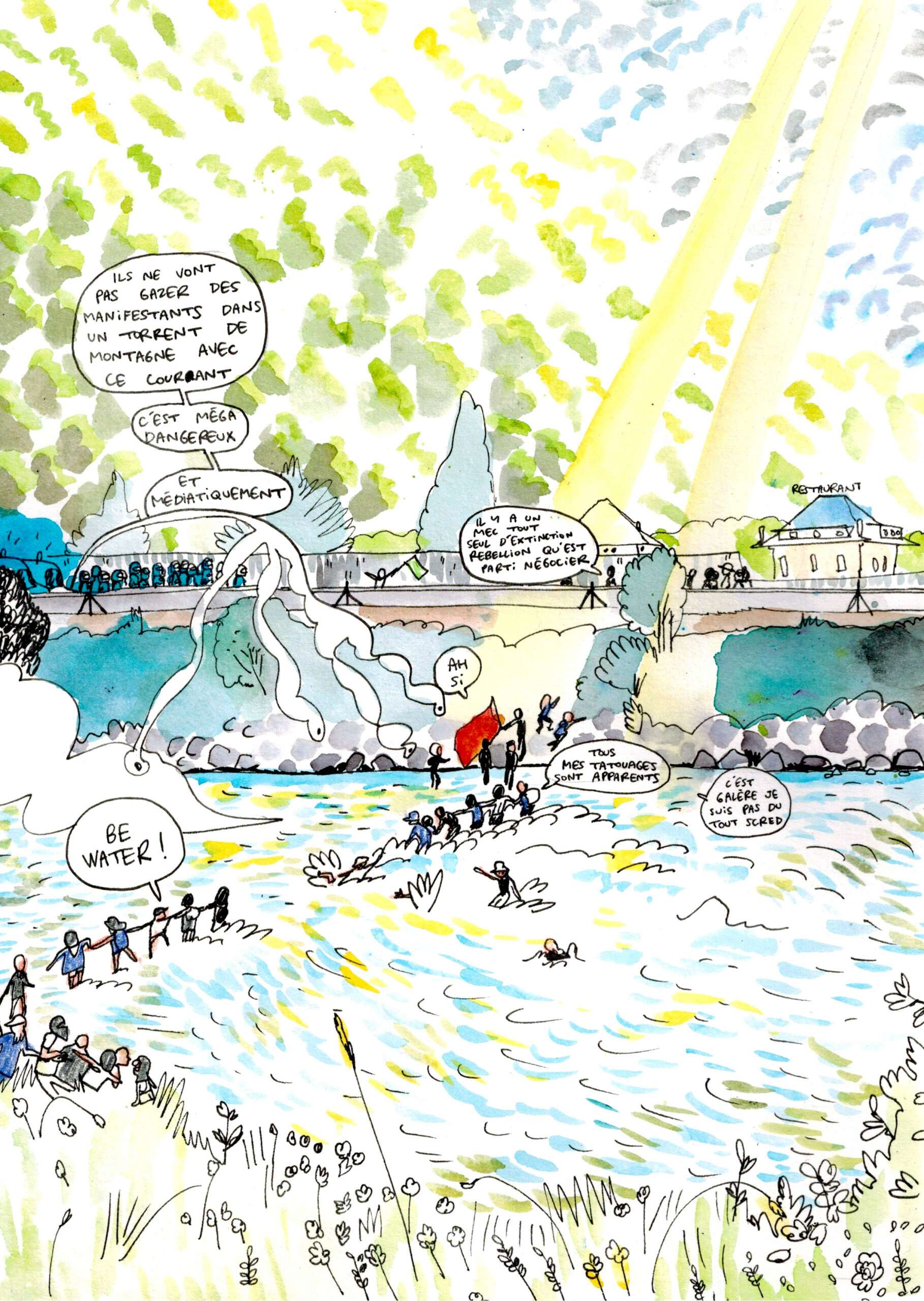 Illustration de la traversée de l'Arc par les manifestants contre le Lyon-Turin le 17 juin 2023 par Sophie Imren