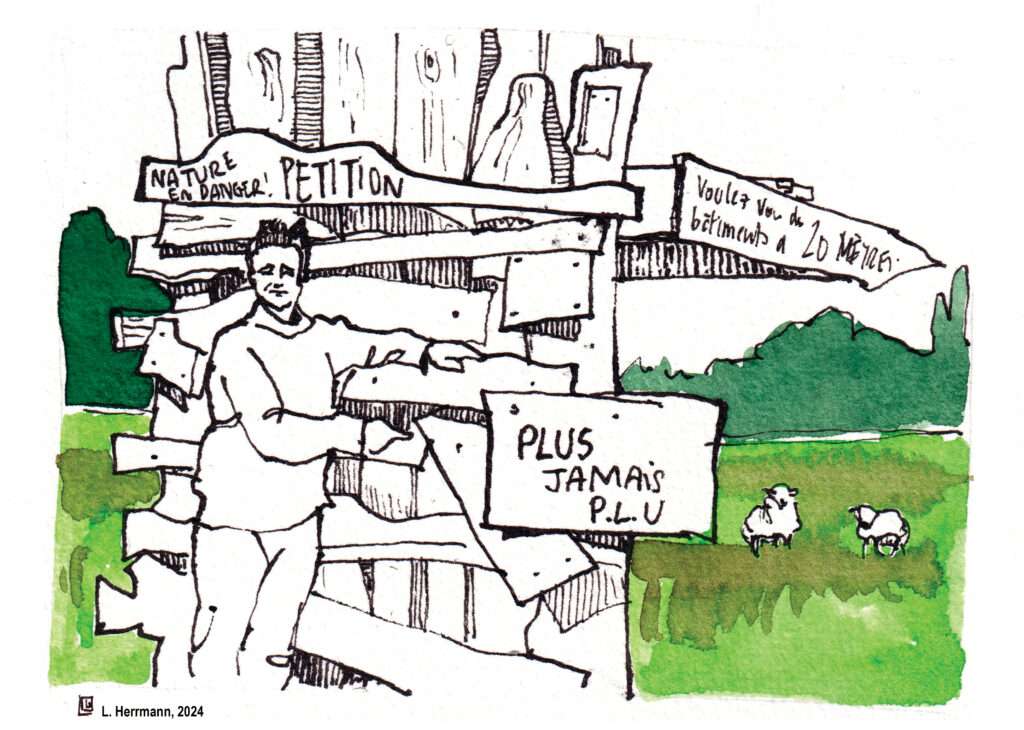 Jean-Claude Querville, cheville ouvrière du collectif de défense des jardins de Béner, au Mans, pour le podcast sur la nature Les Sentinelles du vivant. Crédit Illustration : Lou Hermann.